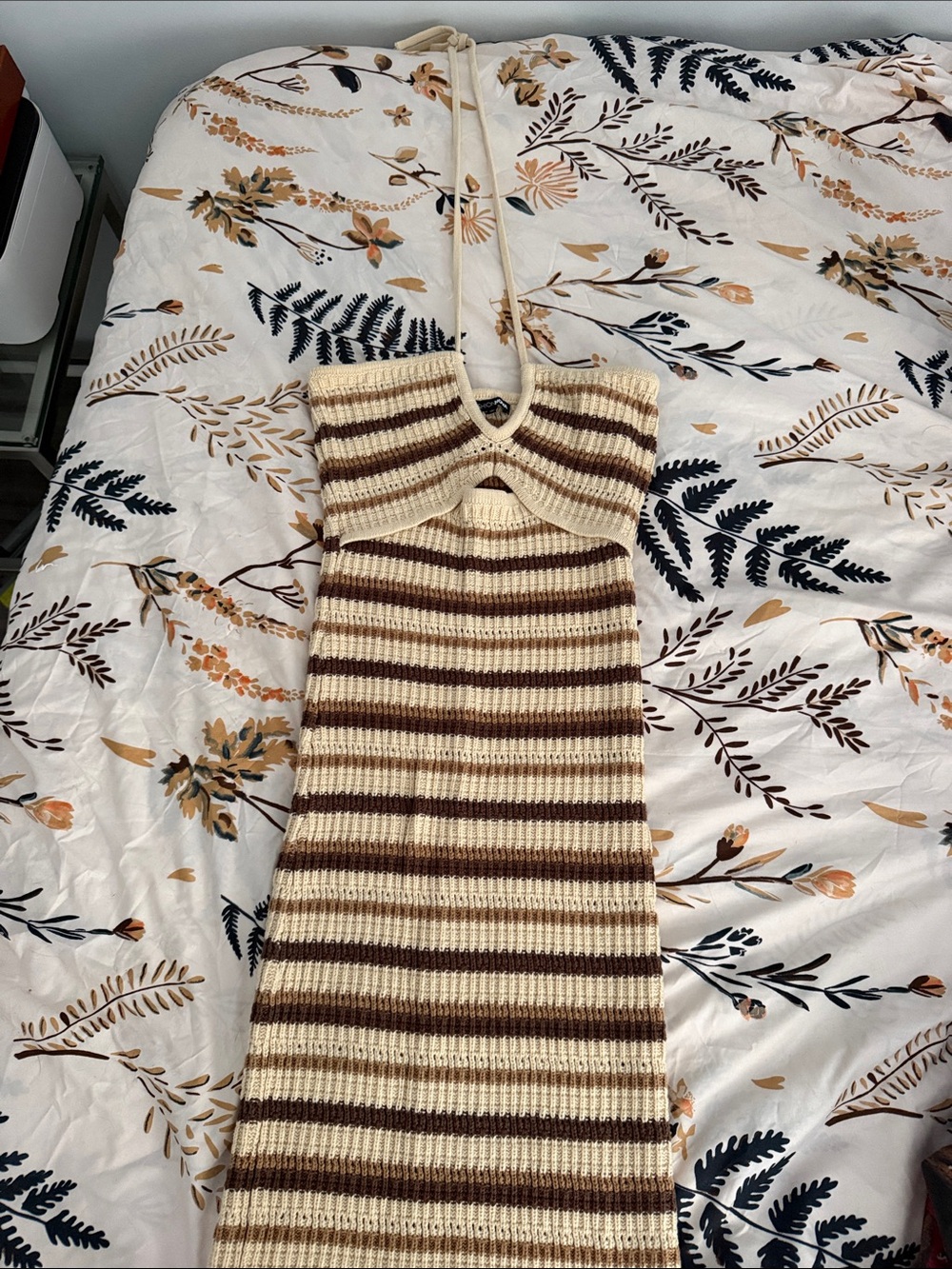 Fashion Nova Cream & Brown Striped Knit Halter Midi Dress